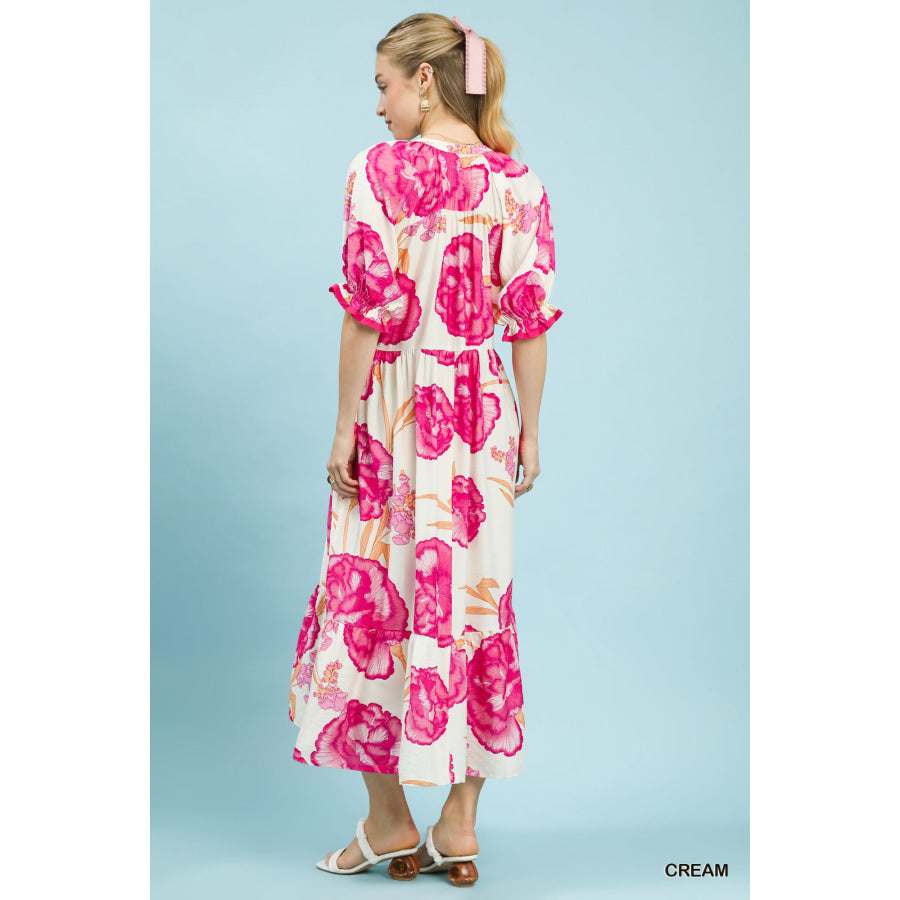 Umgee Floral Print Midi Dress with Contrast Trim Apparel and Accessories