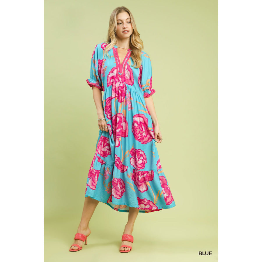 Umgee Floral Print Midi Dress with Contrast Trim BLUE / S Apparel and Accessories