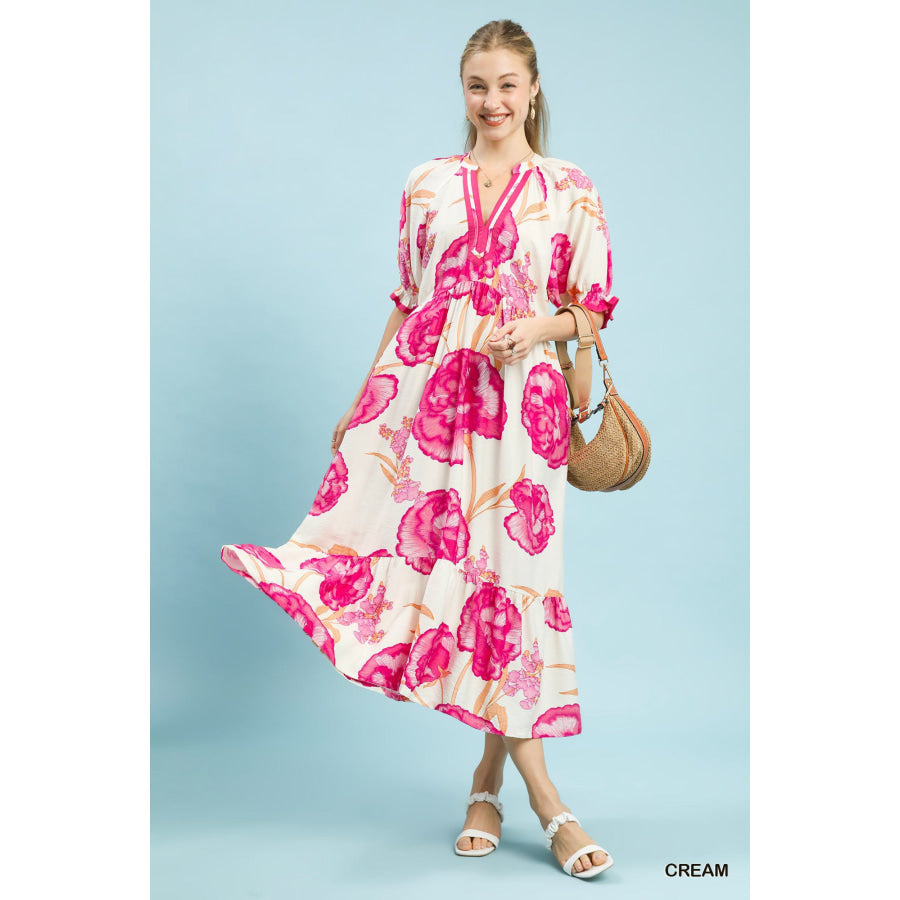 Umgee Floral Print Midi Dress with Contrast Trim CREAM / S Apparel and Accessories