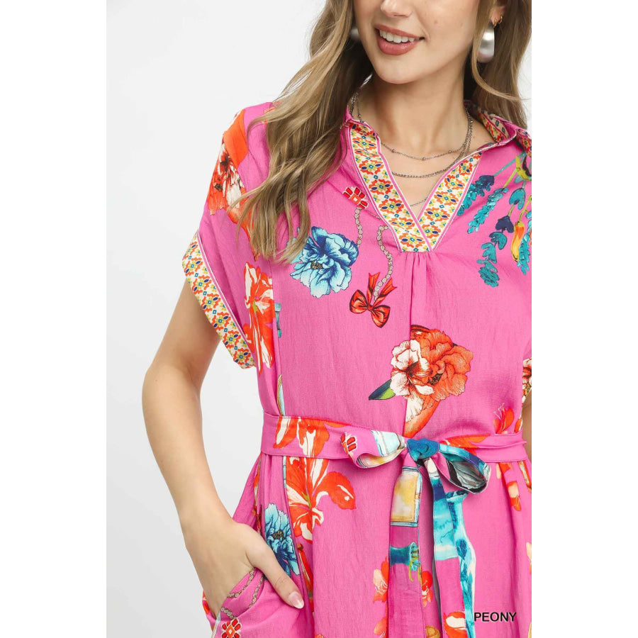 Umgee Floral Print Mini Dress with Belt Apparel and Accessories