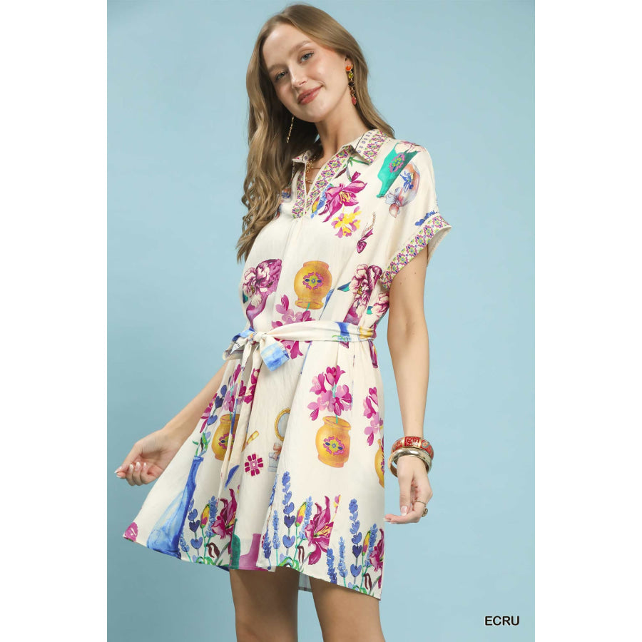 Umgee Floral Print Mini Dress with Belt ECRU / S Apparel and Accessories