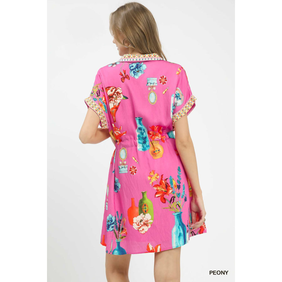 Umgee Floral Print Mini Dress with Belt Apparel and Accessories