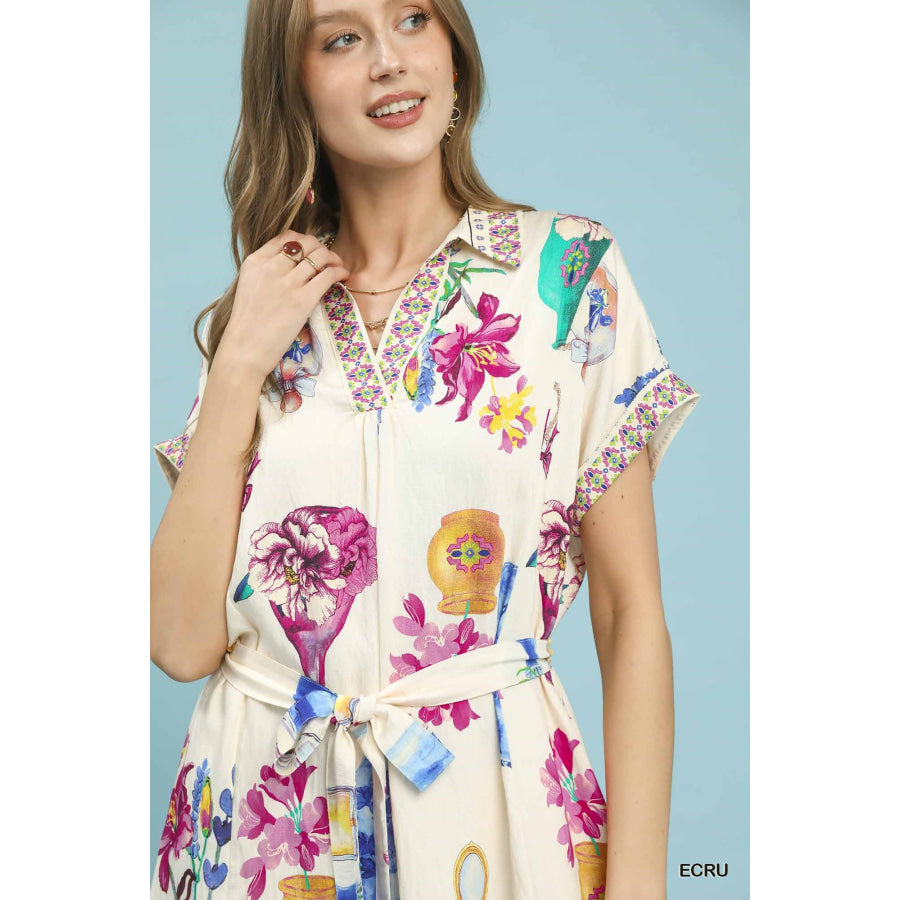 Umgee Floral Print Mini Dress with Belt Apparel and Accessories