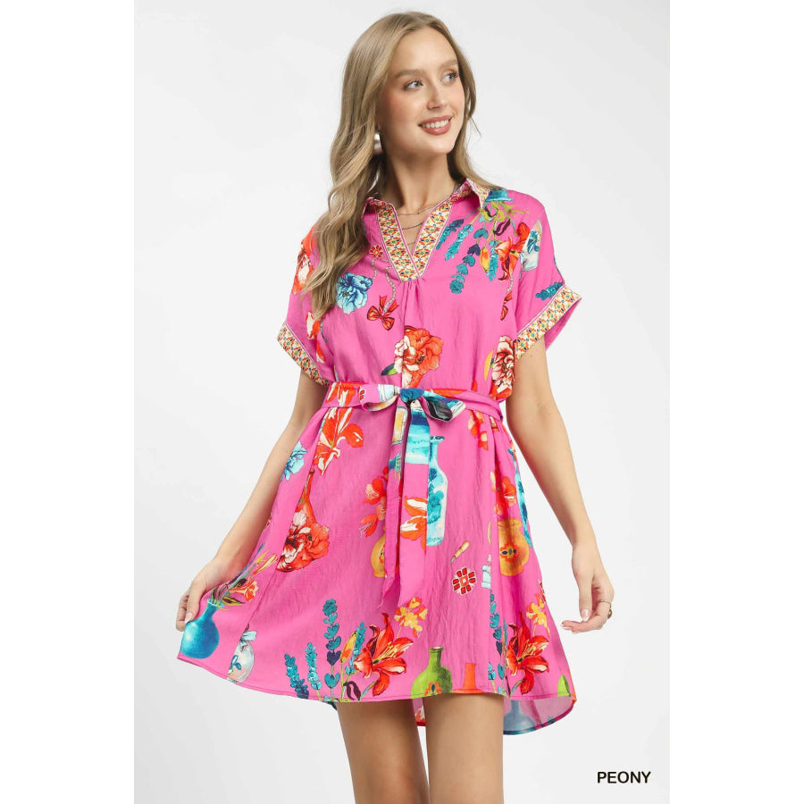 Umgee Floral Print Mini Dress with Belt PEONY / S Apparel and Accessories