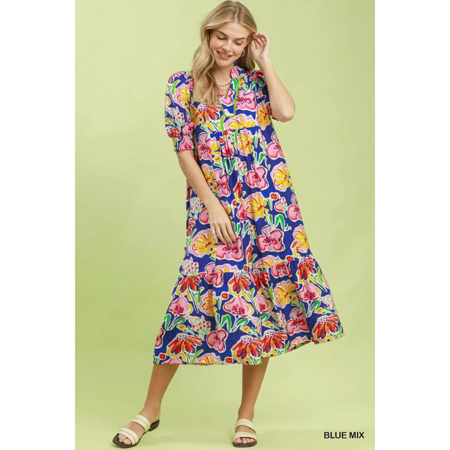 Umgee Floral Print Puff Sleeve Tiered Midi Dress BLUE MIX / S Apparel and Accessories