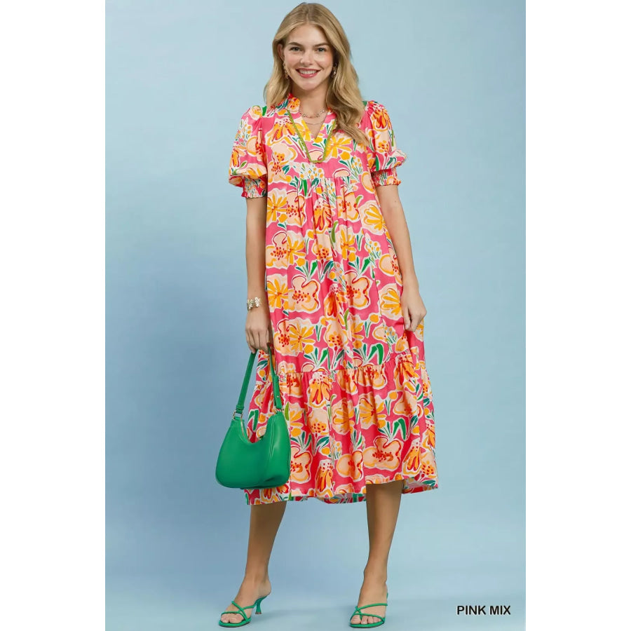 Umgee Floral Print Puff Sleeve Tiered Midi Dress PINK MIX / S Apparel and Accessories