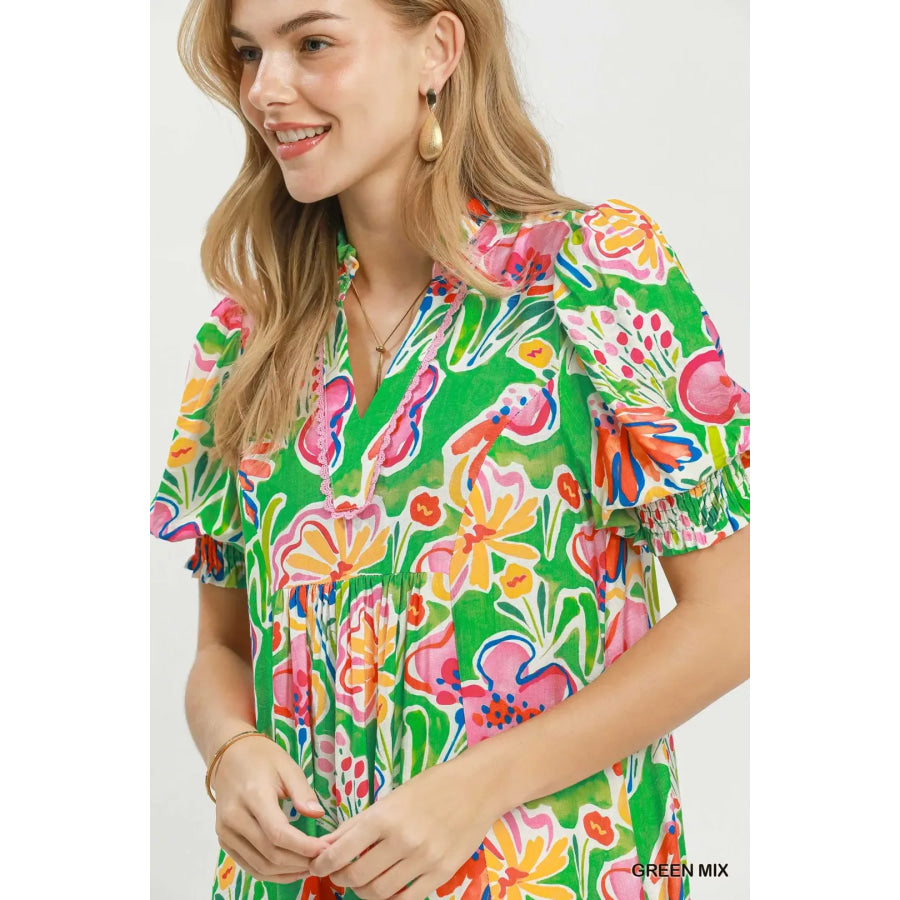 Umgee Floral Print Puff Sleeve Tiered Midi Dress Apparel and Accessories