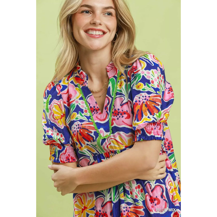 Umgee Floral Print Puff Sleeve Tiered Midi Dress Apparel and Accessories