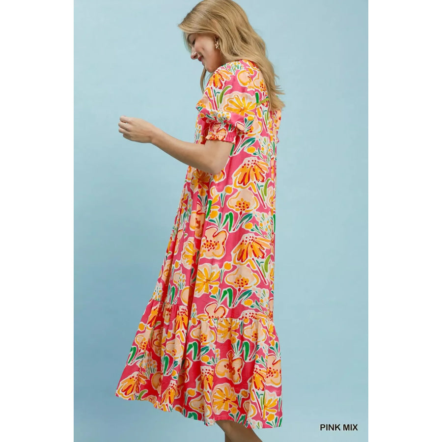 Umgee Floral Print Puff Sleeve Tiered Midi Dress Apparel and Accessories
