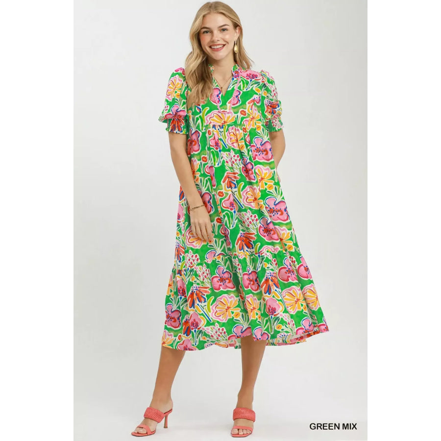Umgee Floral Print Puff Sleeve Tiered Midi Dress Apparel and Accessories