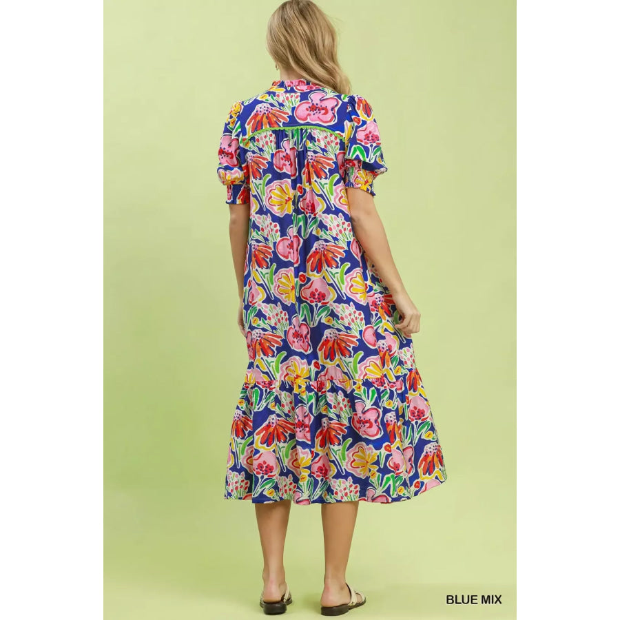 Umgee Floral Print Puff Sleeve Tiered Midi Dress Apparel and Accessories