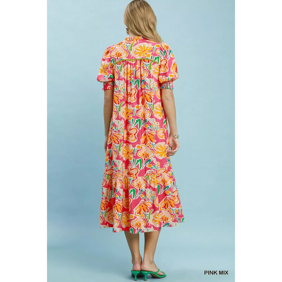 Umgee Floral Print Puff Sleeve Tiered Midi Dress Apparel and Accessories