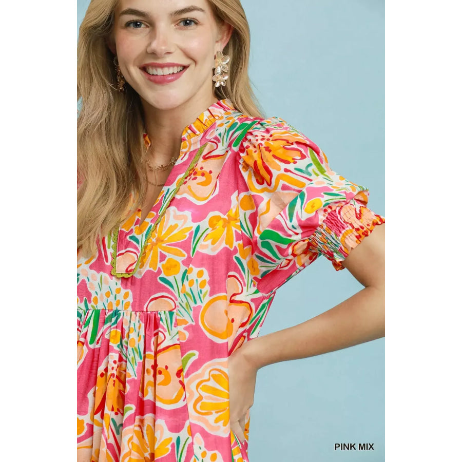 Umgee Floral Print Puff Sleeve Tiered Midi Dress Apparel and Accessories