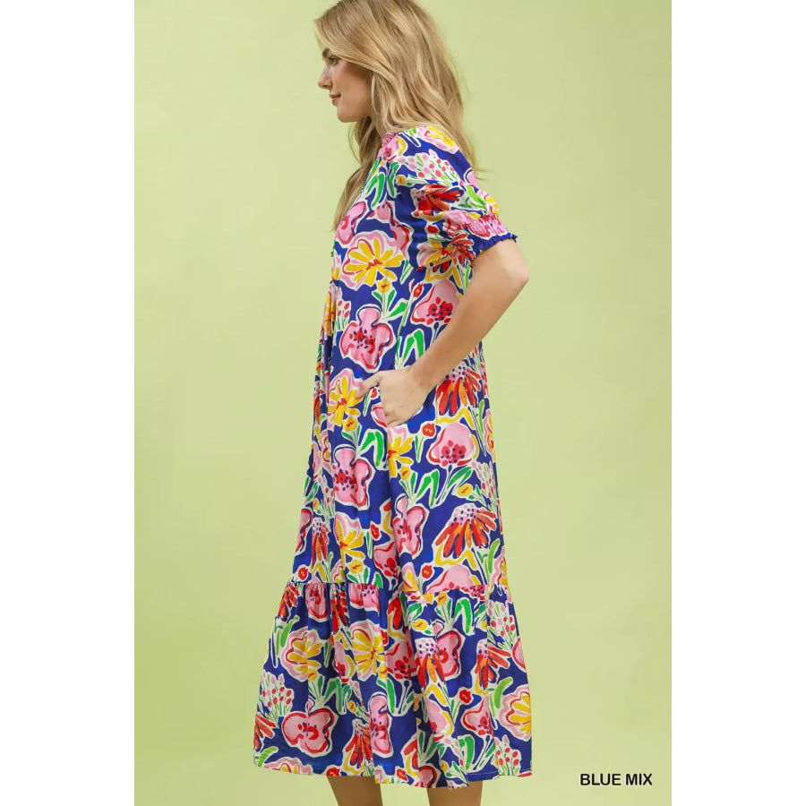 Umgee Floral Print Puff Sleeve Tiered Midi Dress Apparel and Accessories