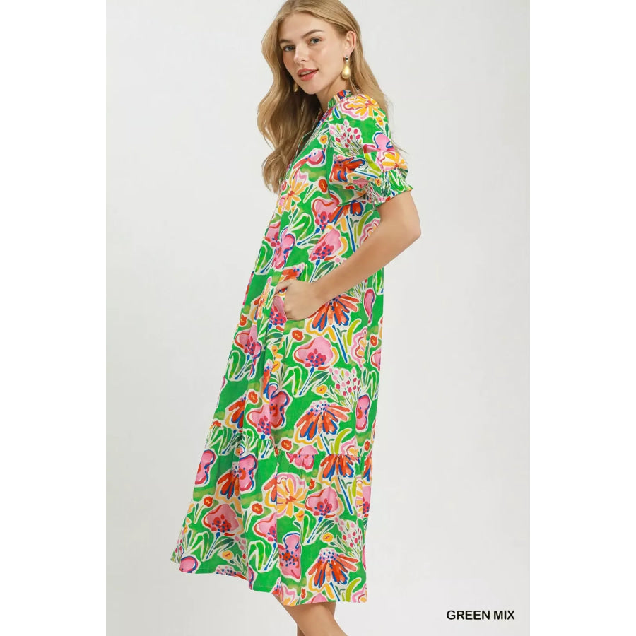 Umgee Floral Print Puff Sleeve Tiered Midi Dress Apparel and Accessories