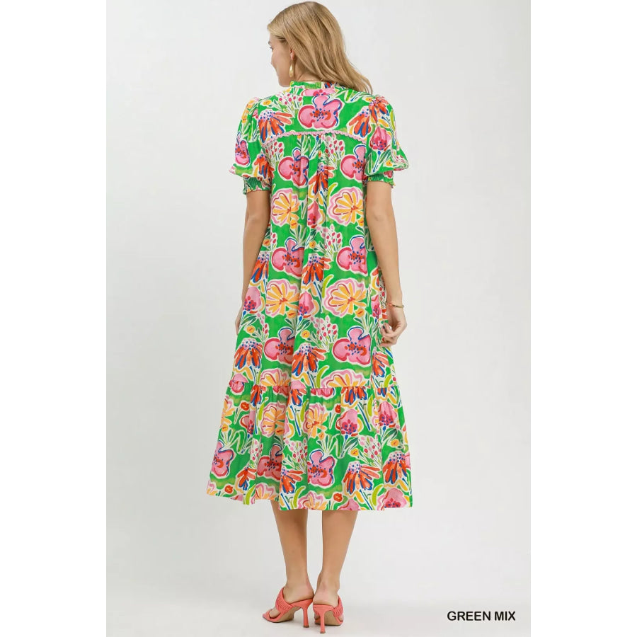 Umgee Floral Print Puff Sleeve Tiered Midi Dress Apparel and Accessories