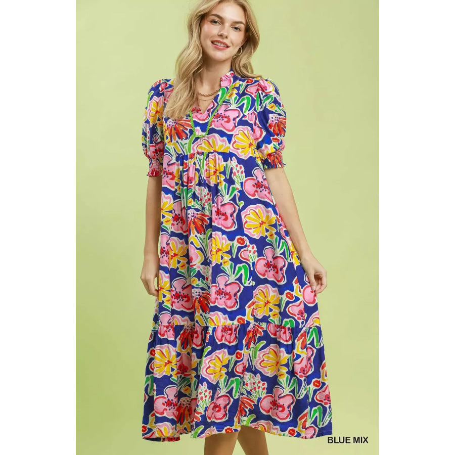 Umgee Floral Print Puff Sleeve Tiered Midi Dress BLUE MIX / S Apparel and Accessories