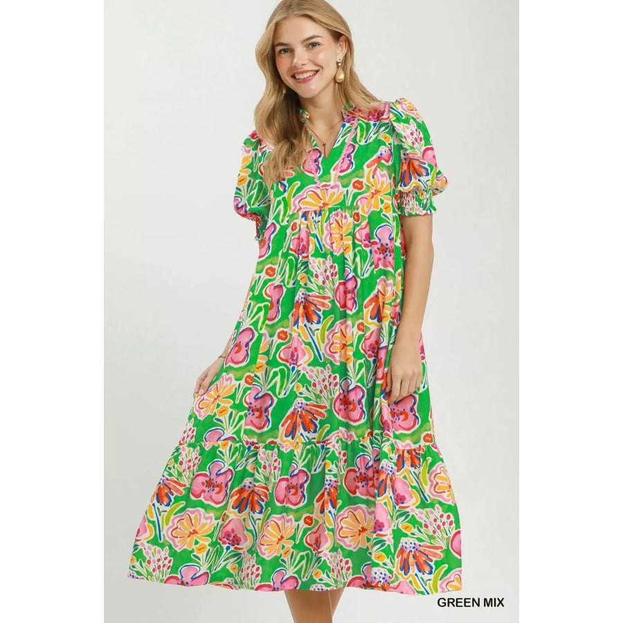 Umgee Floral Print Puff Sleeve Tiered Midi Dress GREEN MIX / S Apparel and Accessories