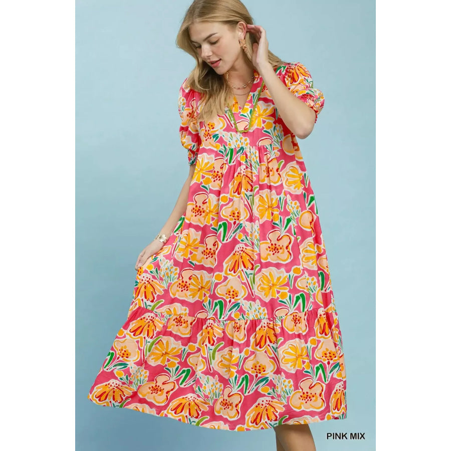 Umgee Floral Print Puff Sleeve Tiered Midi Dress PINK MIX / S Apparel and Accessories