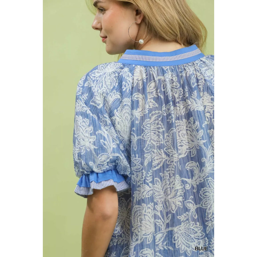 Umgee Floral Print Puff Sleeve Top Apparel and Accessories
