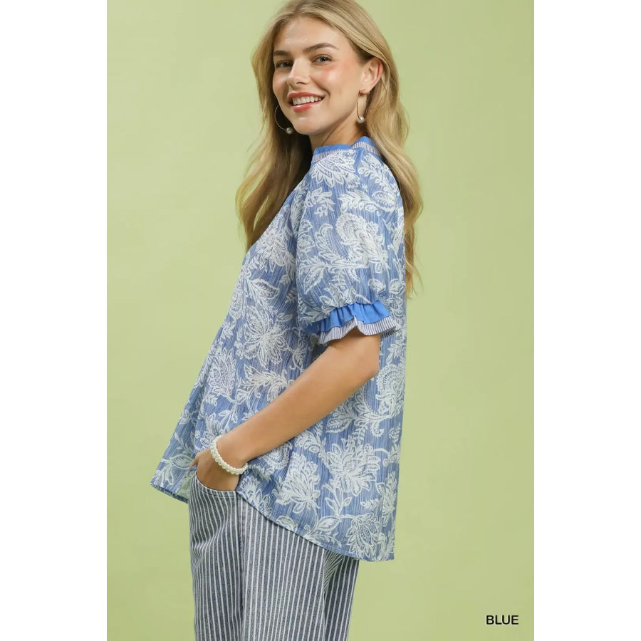 Umgee Floral Print Puff Sleeve Top Apparel and Accessories