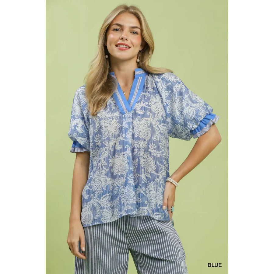 Umgee Floral Print Puff Sleeve Top BLUE / S Apparel and Accessories