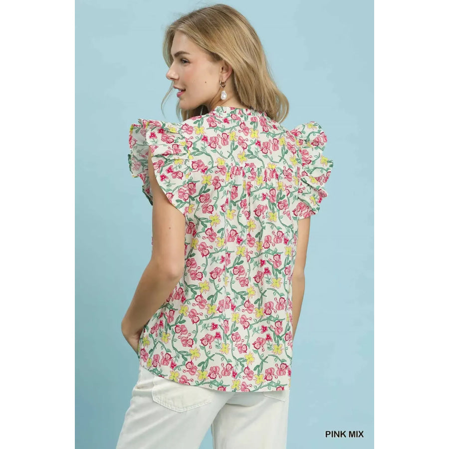 Umgee Floral Print Ruffle Cap Sleeve Shirt Apparel and Accessories