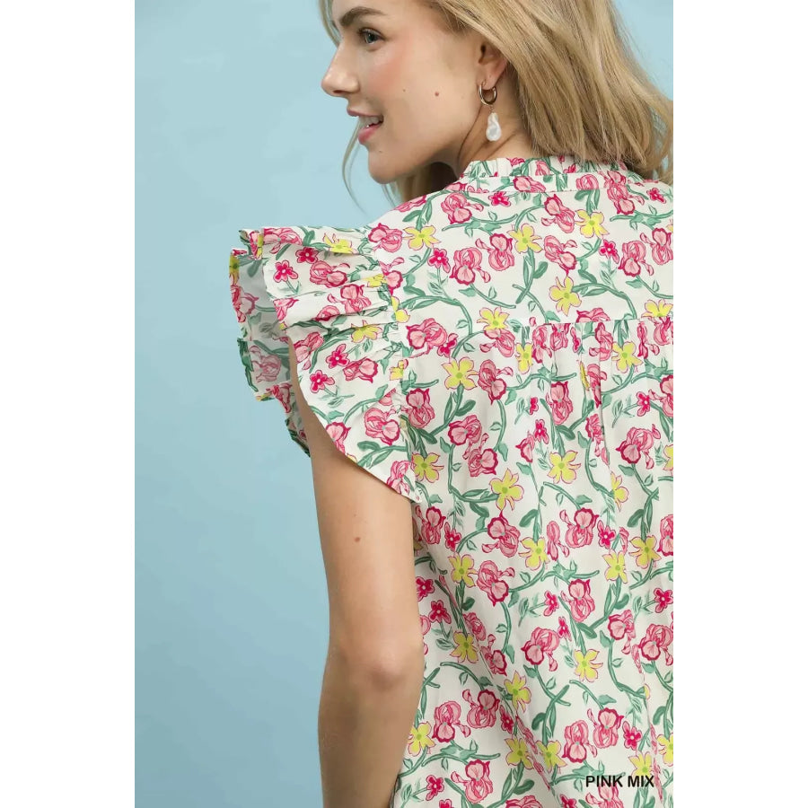 Umgee Floral Print Ruffle Cap Sleeve Shirt Apparel and Accessories