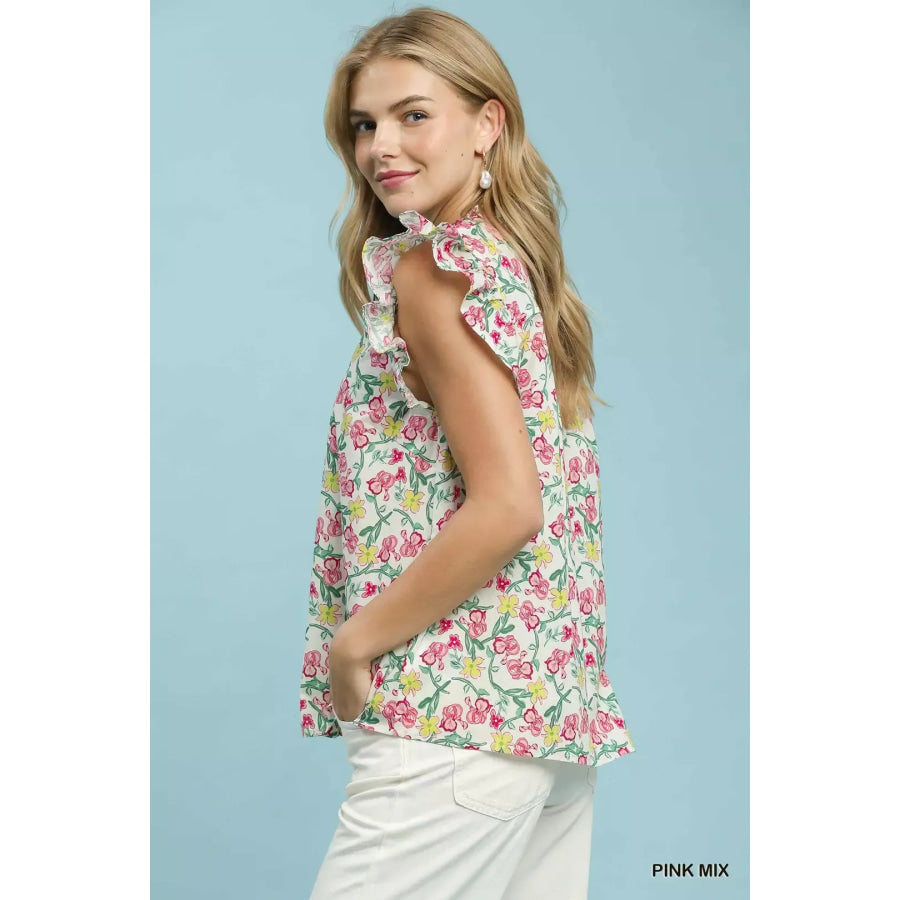 Umgee Floral Print Ruffle Cap Sleeve Shirt Apparel and Accessories