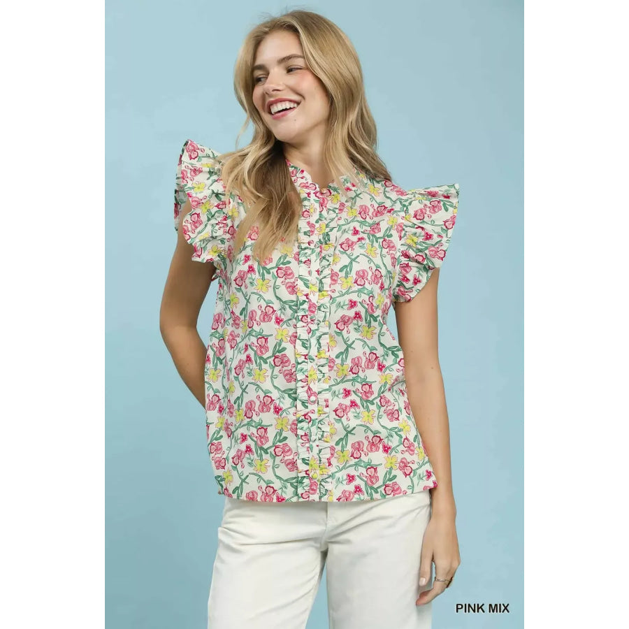 Umgee Floral Print Ruffle Cap Sleeve Shirt PINKMIX / S Apparel and Accessories
