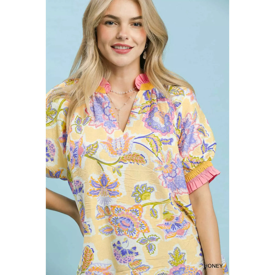 Umgee Floral Print Ruffled Short Sleeve Top Apparel and Accessories