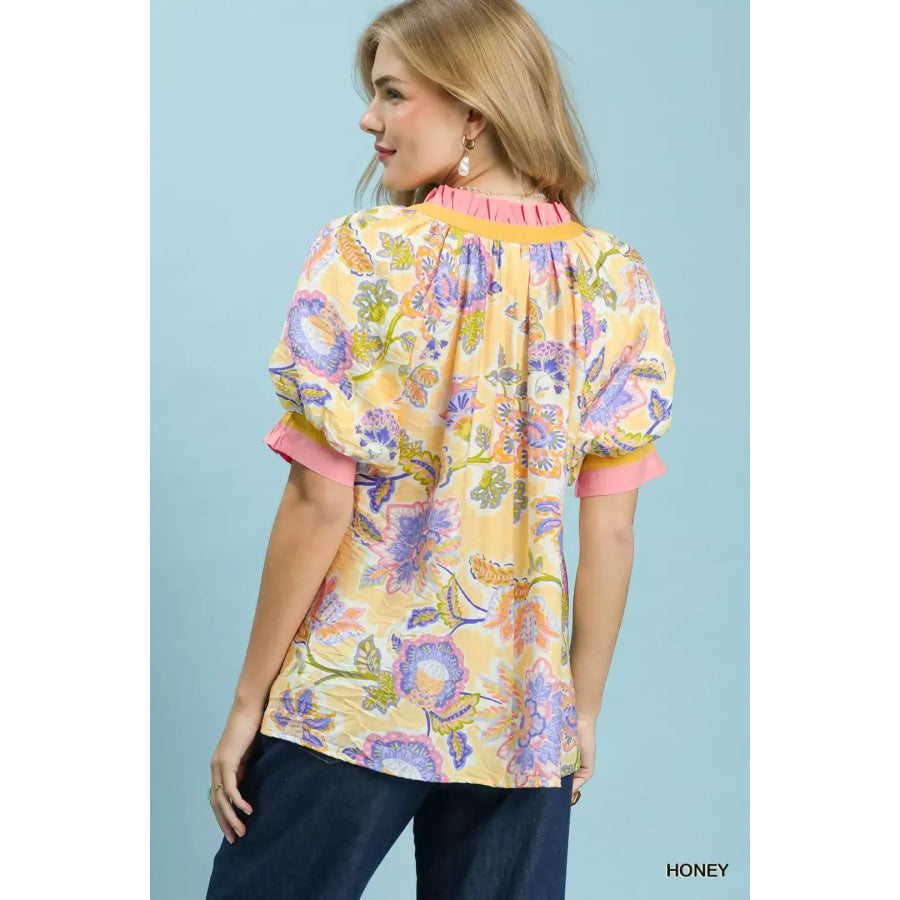Umgee Floral Print Ruffled Short Sleeve Top Apparel and Accessories