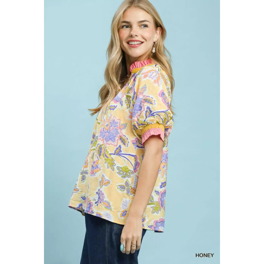 Umgee Floral Print Ruffled Short Sleeve Top Apparel and Accessories
