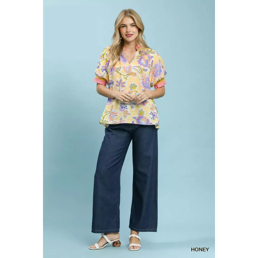 Umgee Floral Print Ruffled Short Sleeve Top Apparel and Accessories