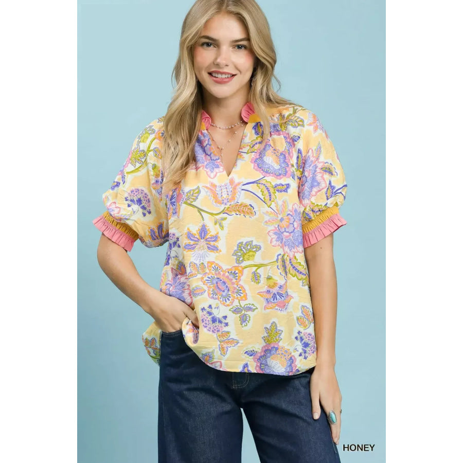 Umgee Floral Print Ruffled Short Sleeve Top HONEY / S Apparel and Accessories