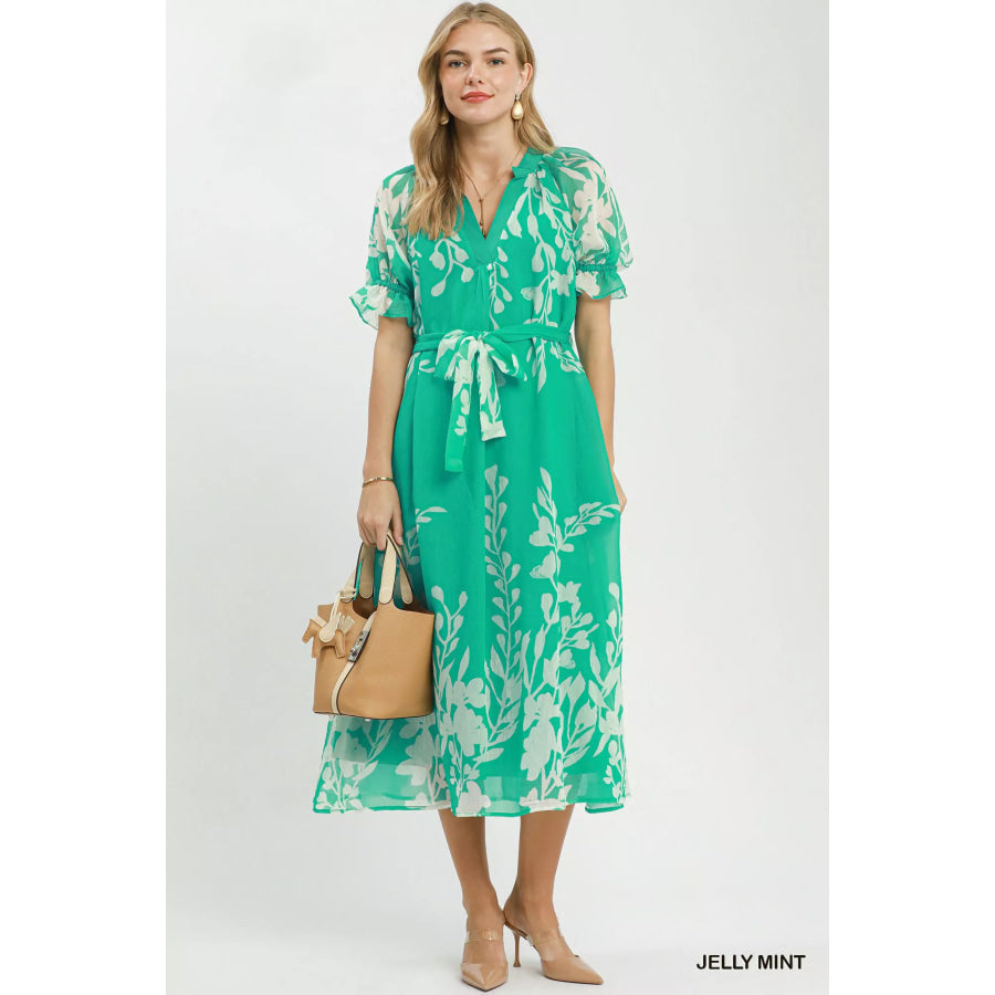 Umgee Floral Print Tie Waist Midi Dress with Side Pockets Apparel and Accessories