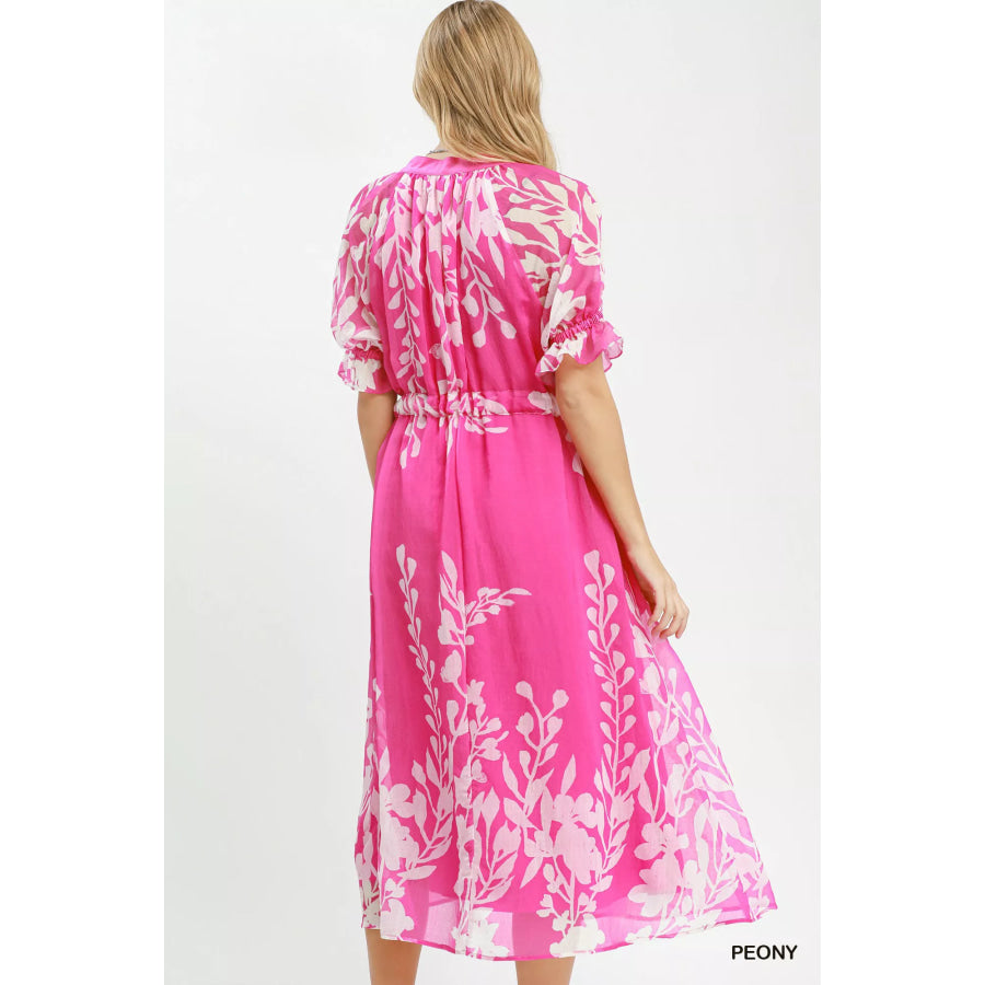 Umgee Floral Print Tie Waist Midi Dress with Side Pockets Apparel and Accessories