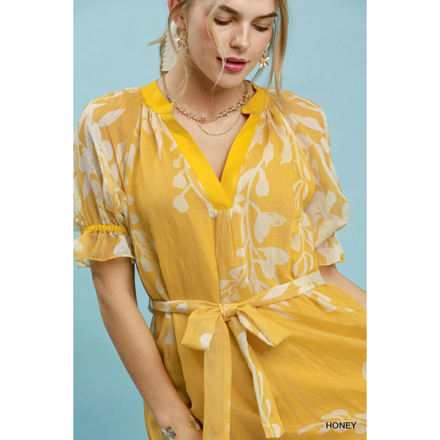 Umgee Floral Print Tie Waist Midi Dress with Side Pockets Apparel and Accessories