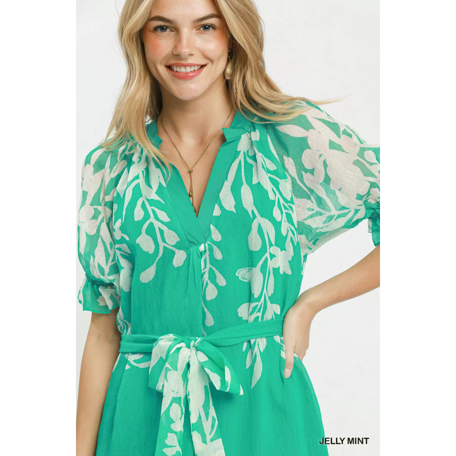 Umgee Floral Print Tie Waist Midi Dress with Side Pockets Apparel and Accessories