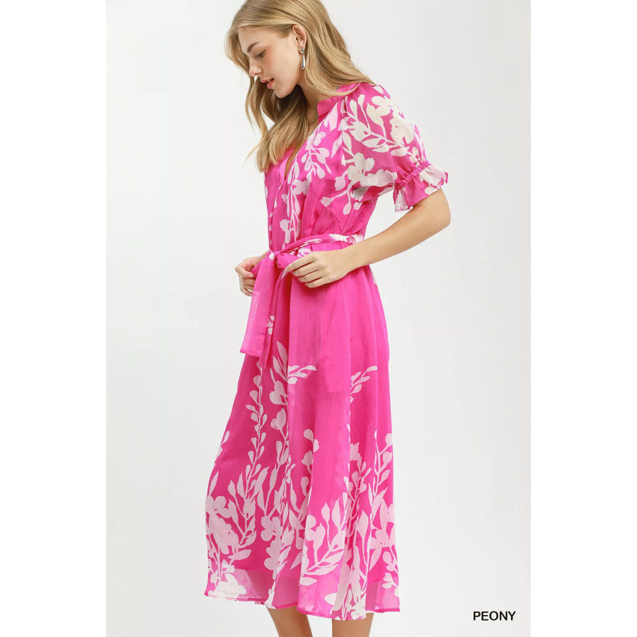 Umgee Floral Print Tie Waist Midi Dress with Side Pockets Apparel and Accessories
