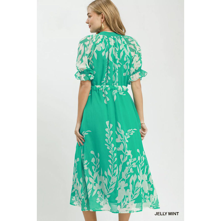 Umgee Floral Print Tie Waist Midi Dress with Side Pockets Apparel and Accessories