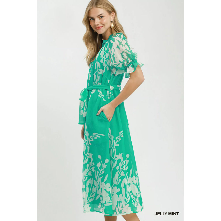 Umgee Floral Print Tie Waist Midi Dress with Side Pockets Apparel and Accessories