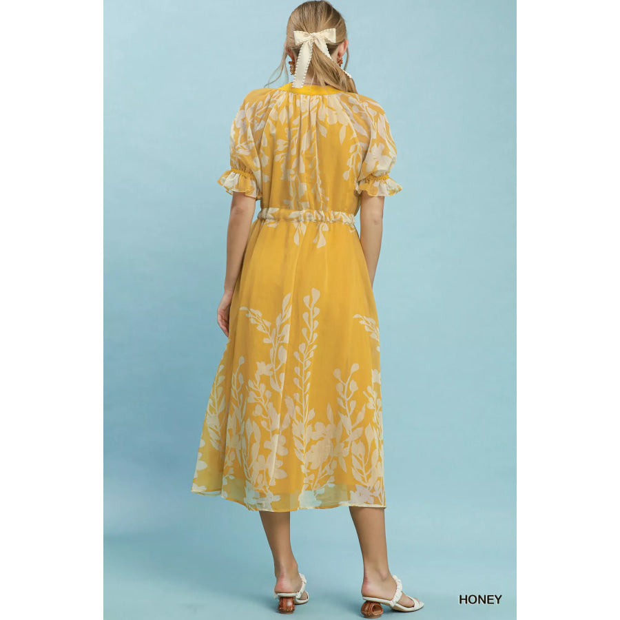 Umgee Floral Print Tie Waist Midi Dress with Side Pockets Apparel and Accessories