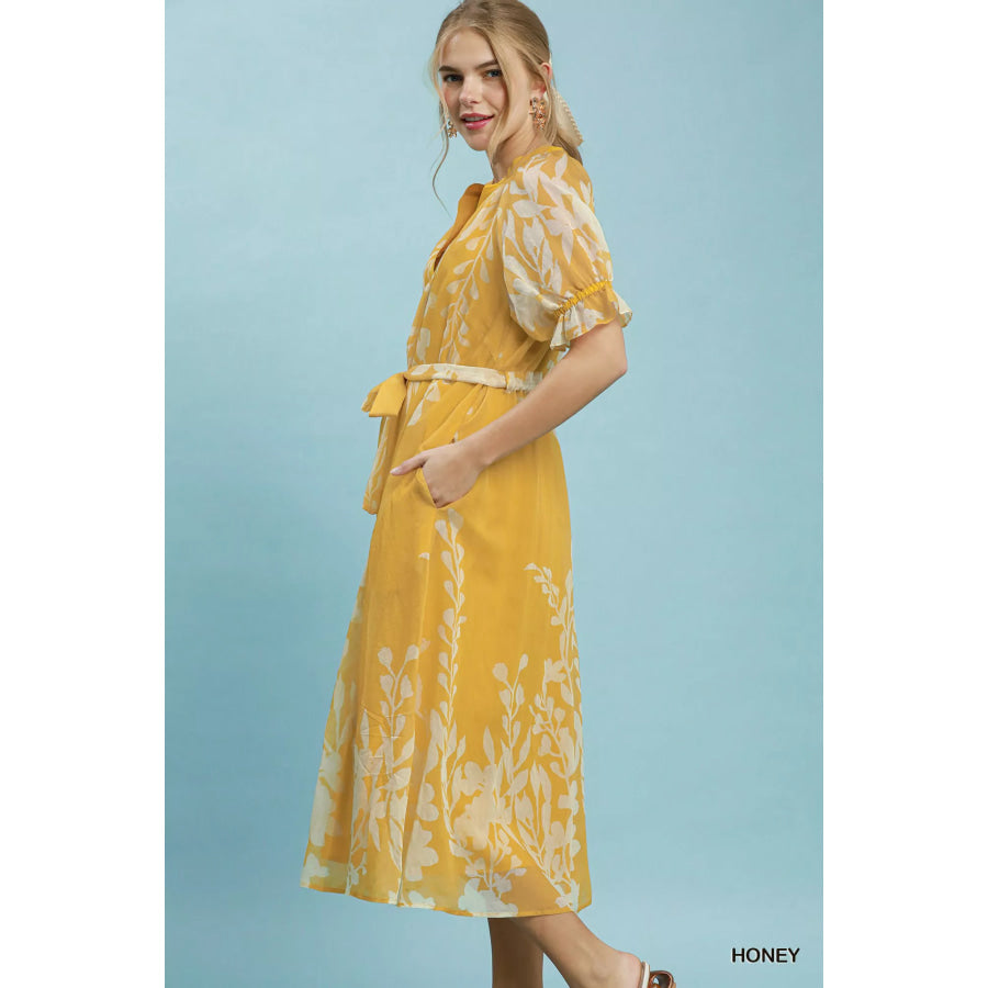 Umgee Floral Print Tie Waist Midi Dress with Side Pockets HONEY / S Apparel and Accessories