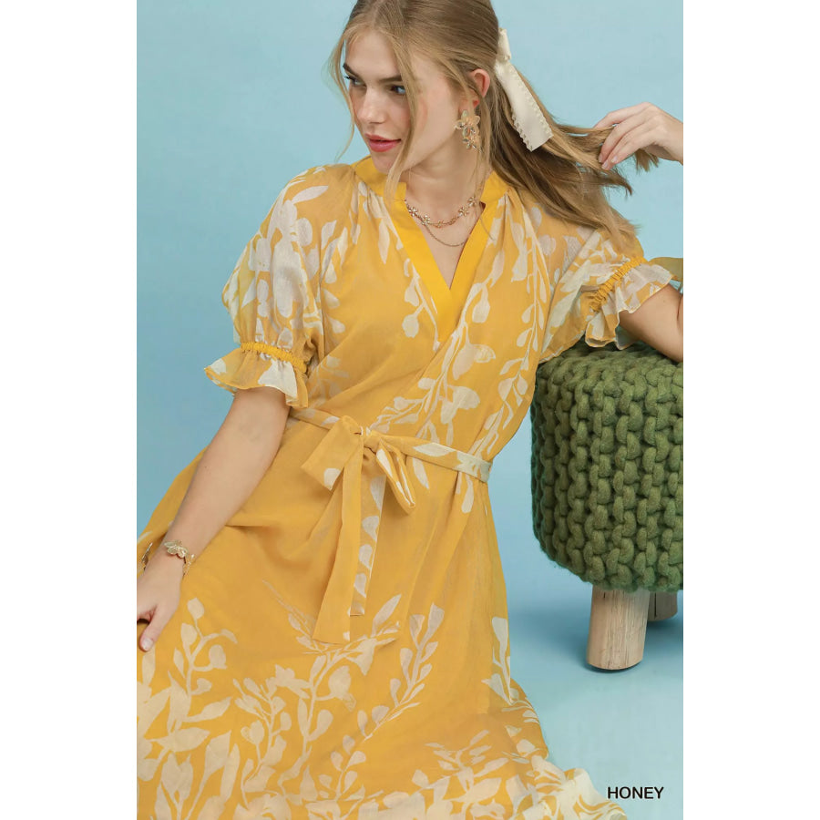 Umgee Floral Print Tie Waist Midi Dress with Side Pockets Apparel and Accessories