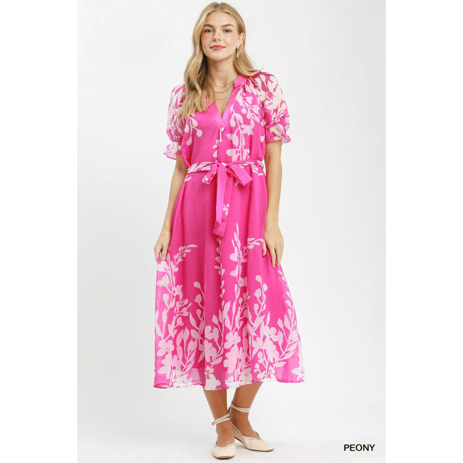Umgee Floral Print Tie Waist Midi Dress with Side Pockets Apparel and Accessories