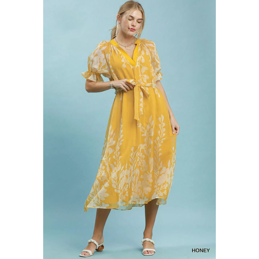 Umgee Floral Print Tie Waist Midi Dress with Side Pockets HONEY / S Apparel and Accessories