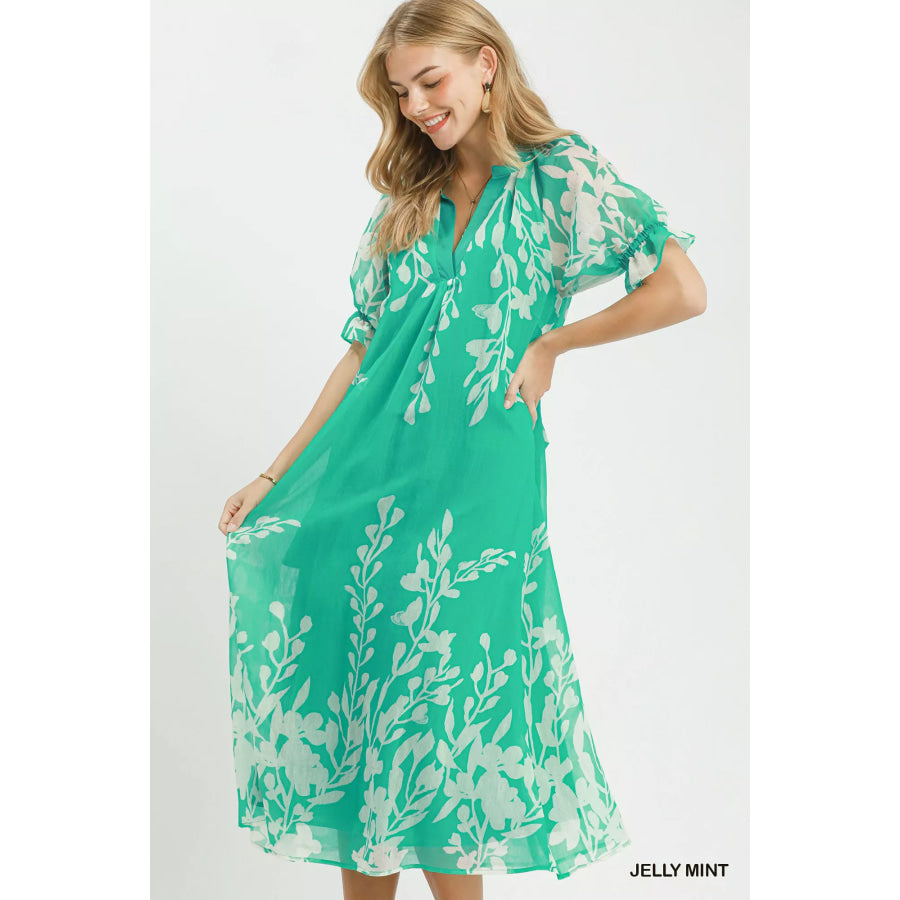 Umgee Floral Print Tie Waist Midi Dress with Side Pockets JELLY MINT / S Apparel and Accessories