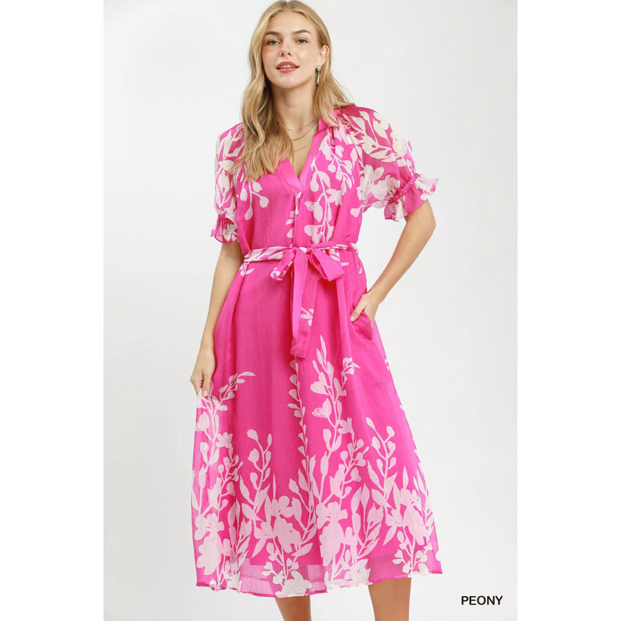 Umgee Floral Print Tie Waist Midi Dress with Side Pockets PEONY / S Apparel and Accessories