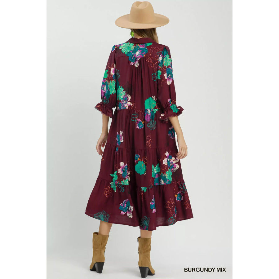 Umgee Floral Print Tiered Midi Dress with Puff Sleeves Apparel and Accessories